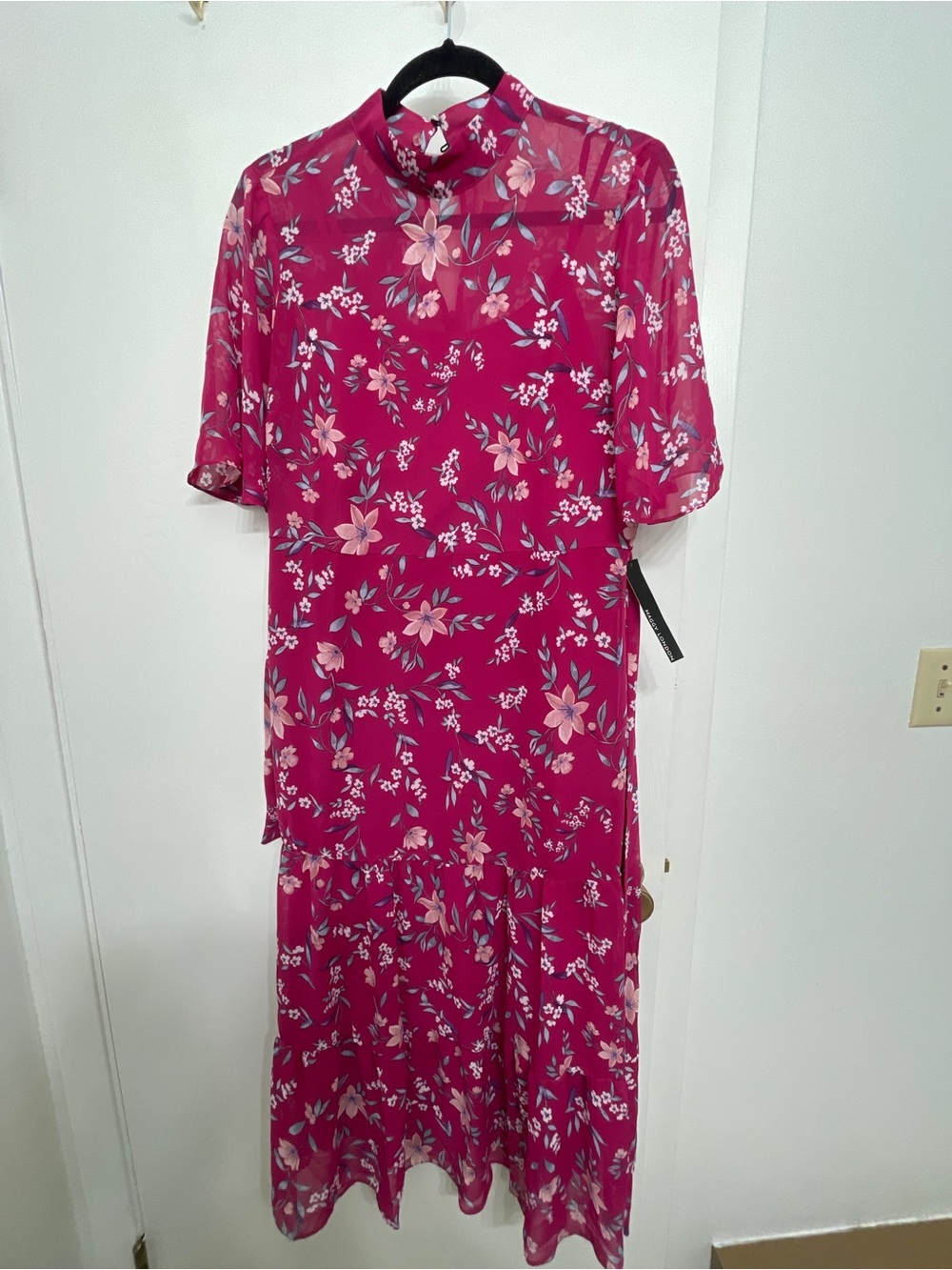 Floral High-Neck Midi Dress in Fuchsia